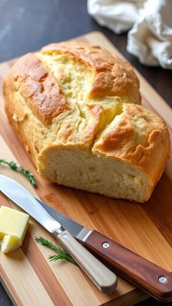 A golden brown loaf of homemade sandwich bread on a wooden board with slices cut, butter, and herbs.